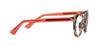 Glasses with red-orange frame and tortoiseshell arms on a white background