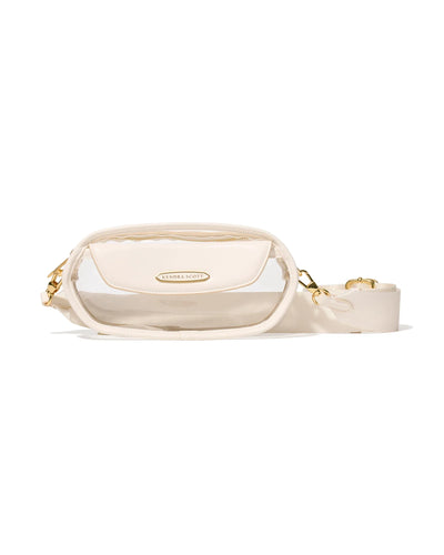 White waist bag with gold accents on a white background.