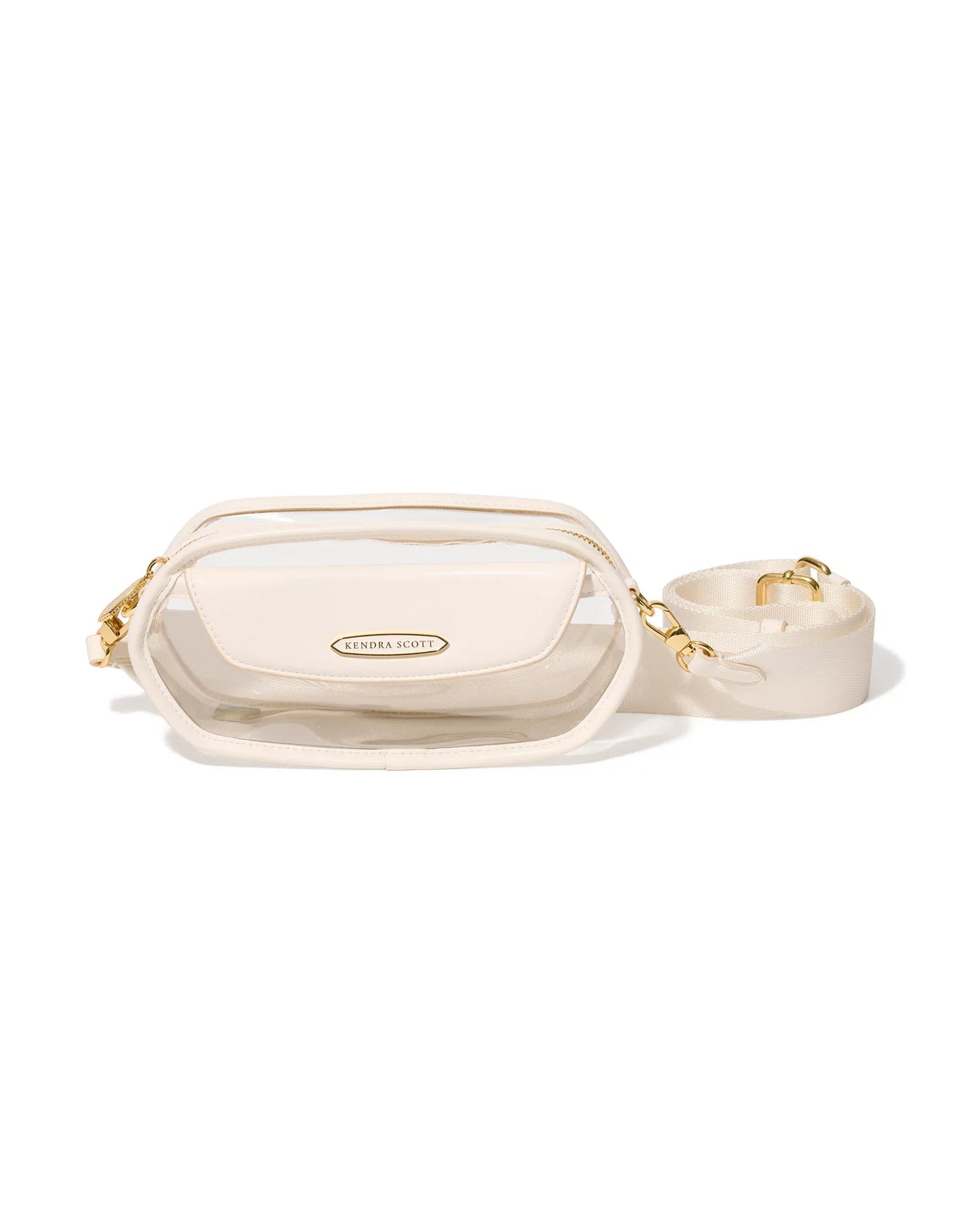 Clear waist bag with gold accents on a white background.