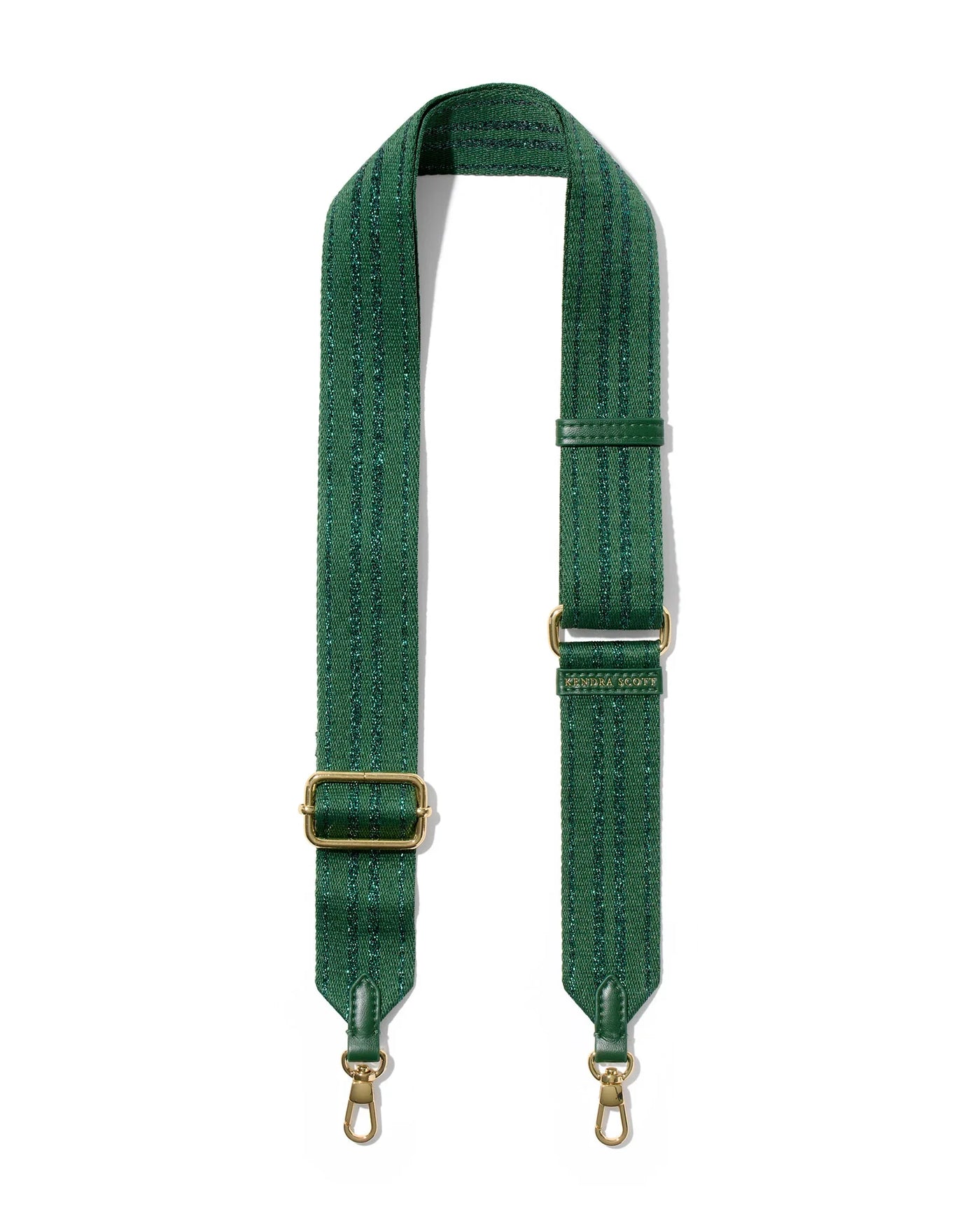 Green textured bag strap with gold hardware on a white background.