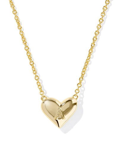 Gold necklace with a heart-shaped pendant and letter "A" on a white background, back.