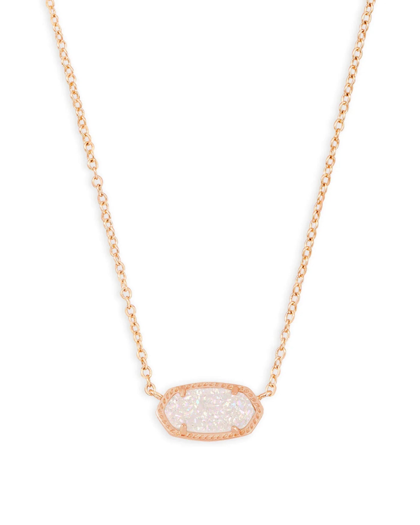 Rose gold necklace with iridescent drusy pendant, closeup front.