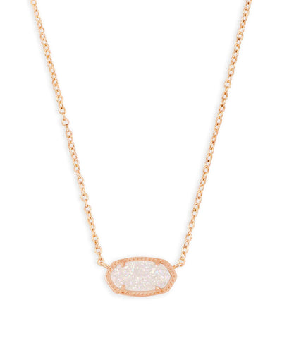Rose gold necklace with iridescent drusy pendant, closeup front.