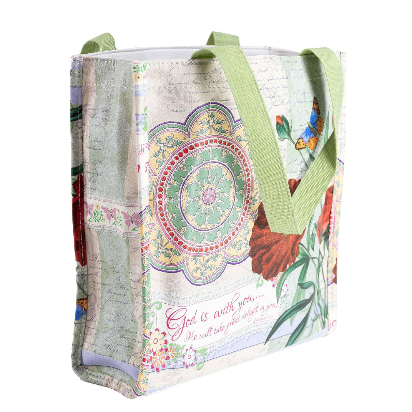 Beautiful multicolored tote bag with green straps and "God is with you... He will take great delight in you" printed on the front right corner