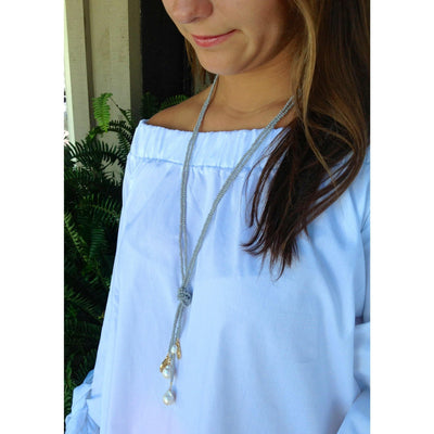 Gray Necklace with Baroque Pearls and Shield of Faith | Gracewear Collection | Fruit of the Vine Boutique 
