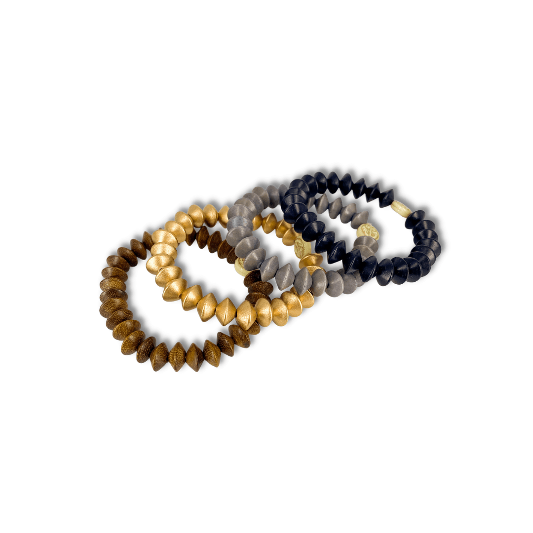 Handmade wooden bead bracelets in four colors, black, grey, gold, and brown