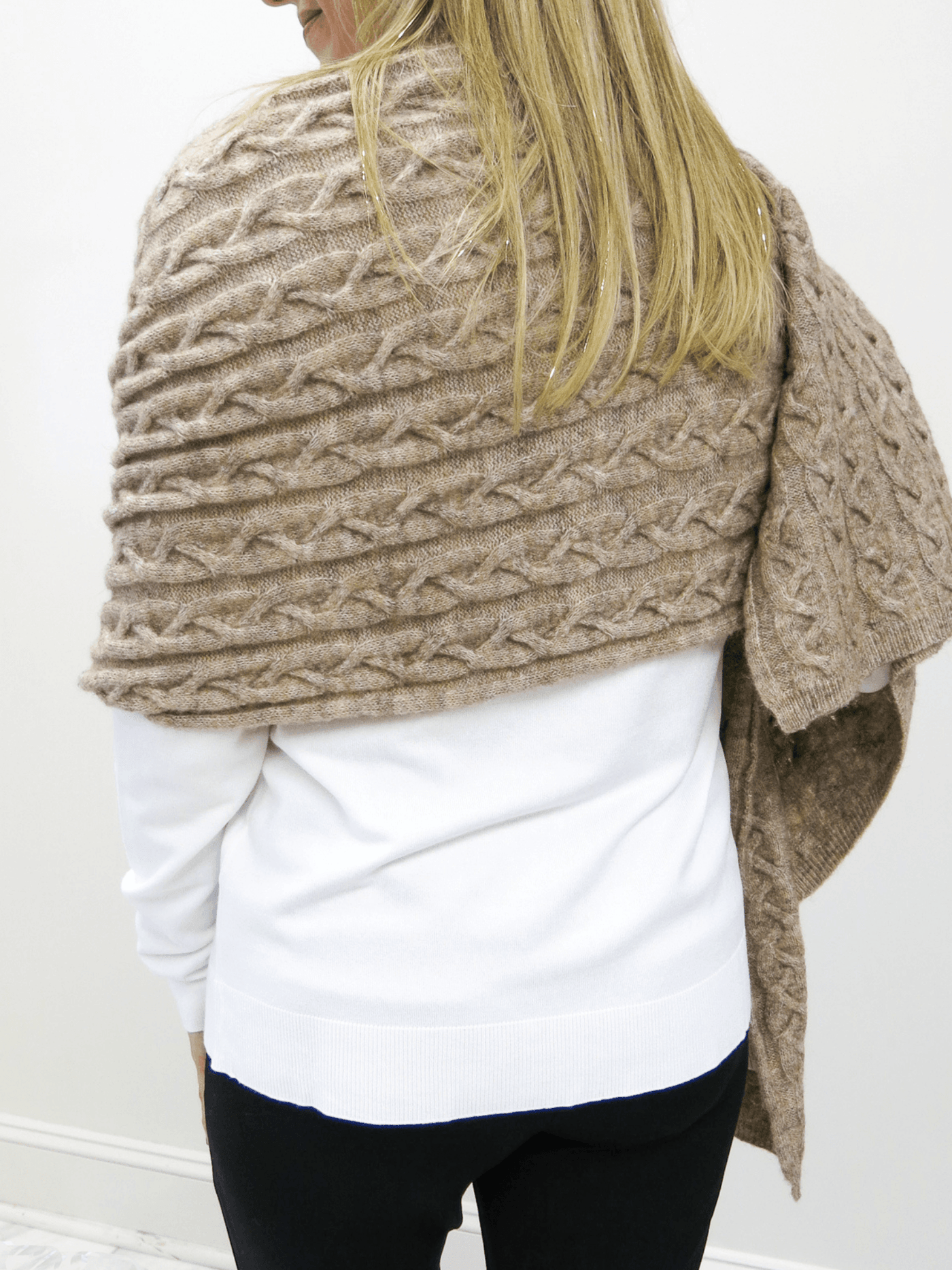Back view of Kerisma taupe sweater wrap.