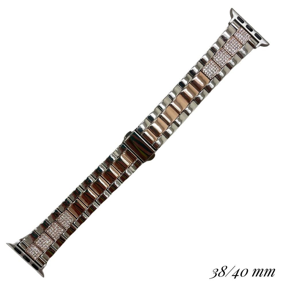 Silver and rose gold links and rhinestone accented smart watch band