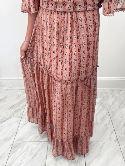 Pink abstract stripe tiered maxi skirt