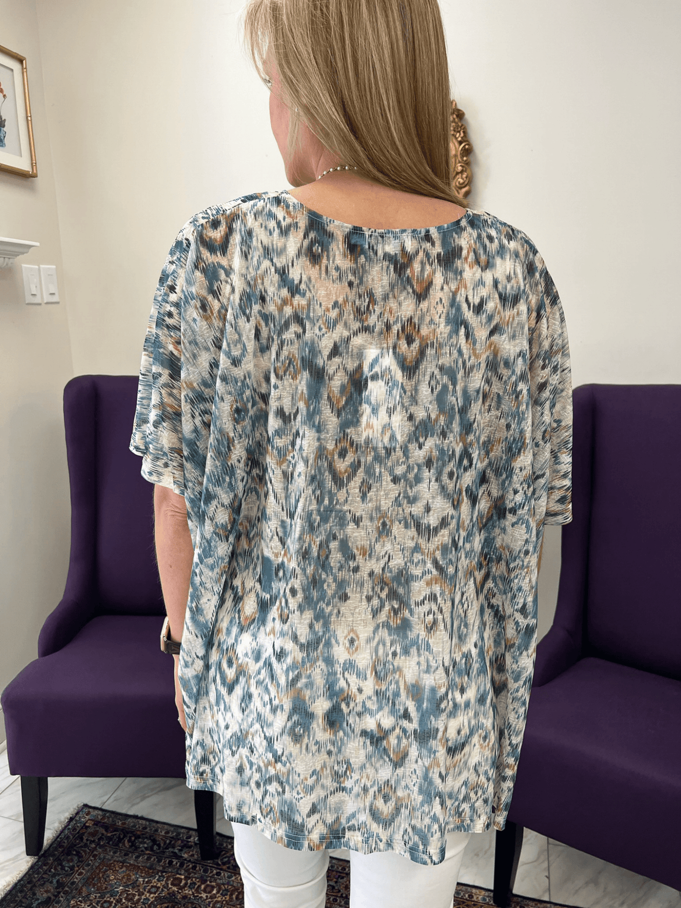 Teal, Taupe and blue Mixed Print Kimono.Back View