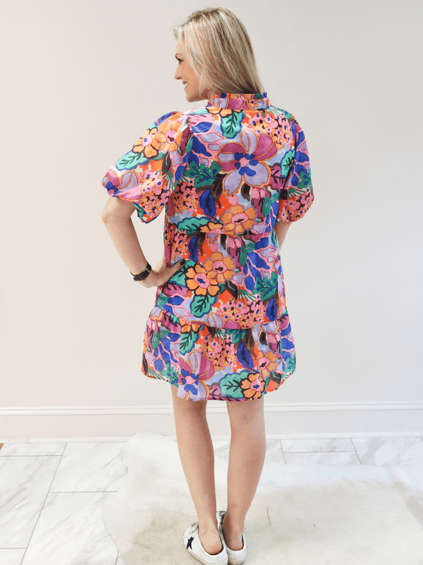 THML Puff Sleeve Floral Tiered Dress back view.