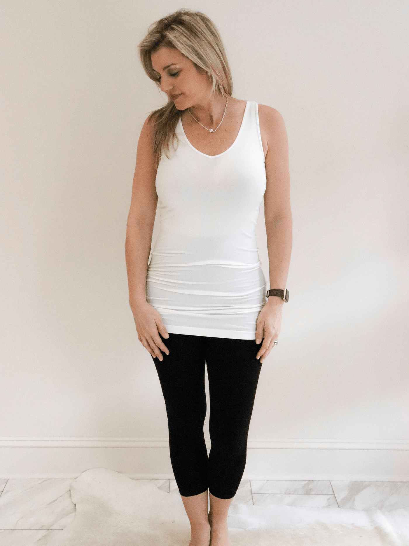 White Long Layering Tank front view.