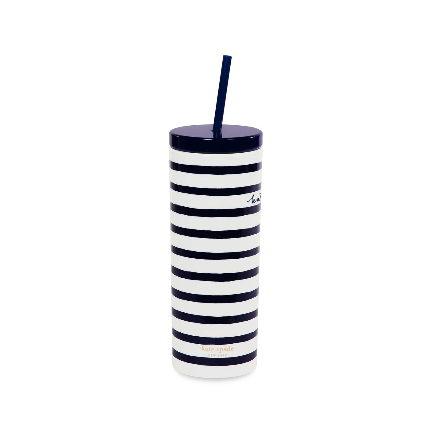 White tumbler with navy stripes and a navy screw on lid and straw