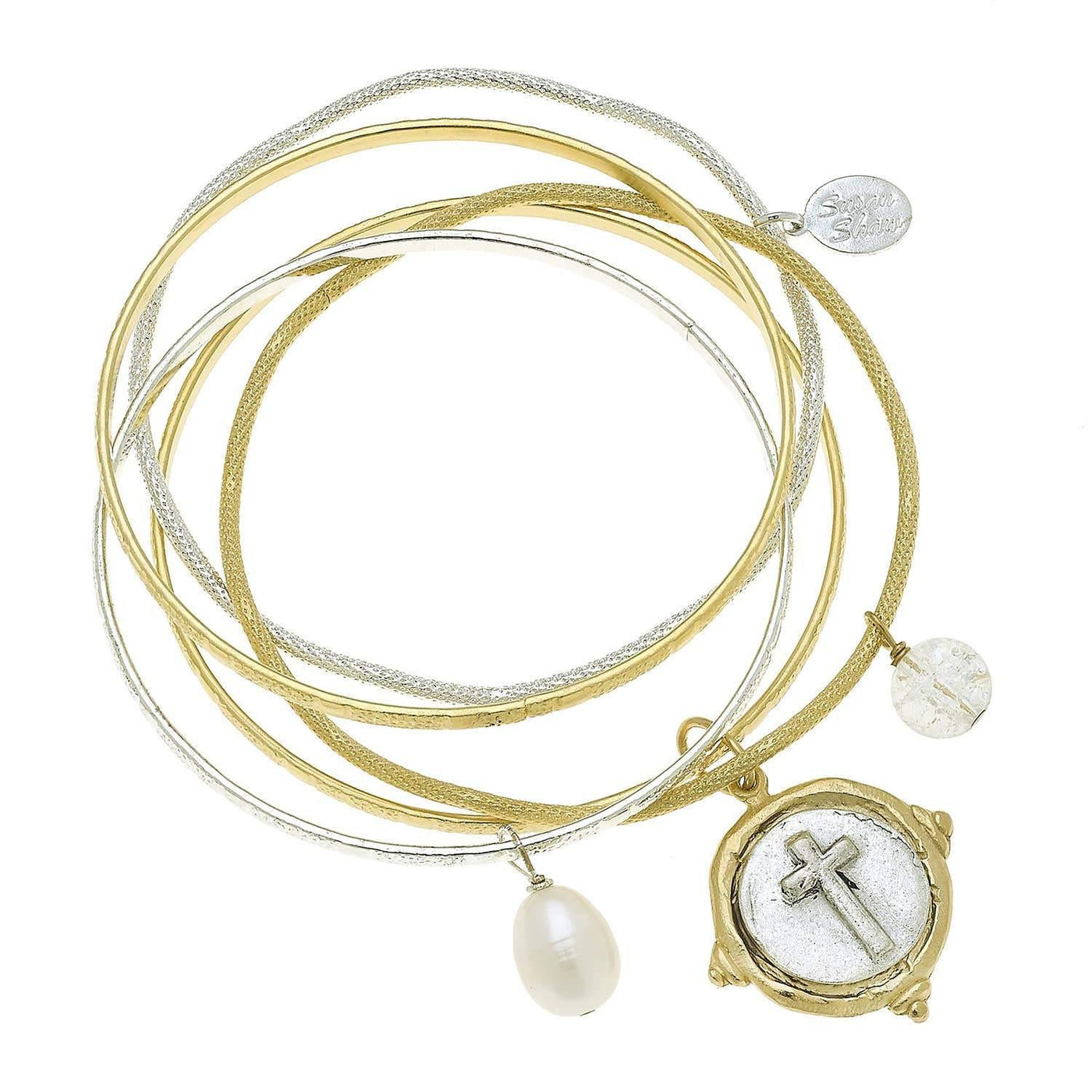 Gold and Silver Italian Intaglio Cross with Cotton Pearl Bangle Bracelet | Fruit of the Vine Boutique 
