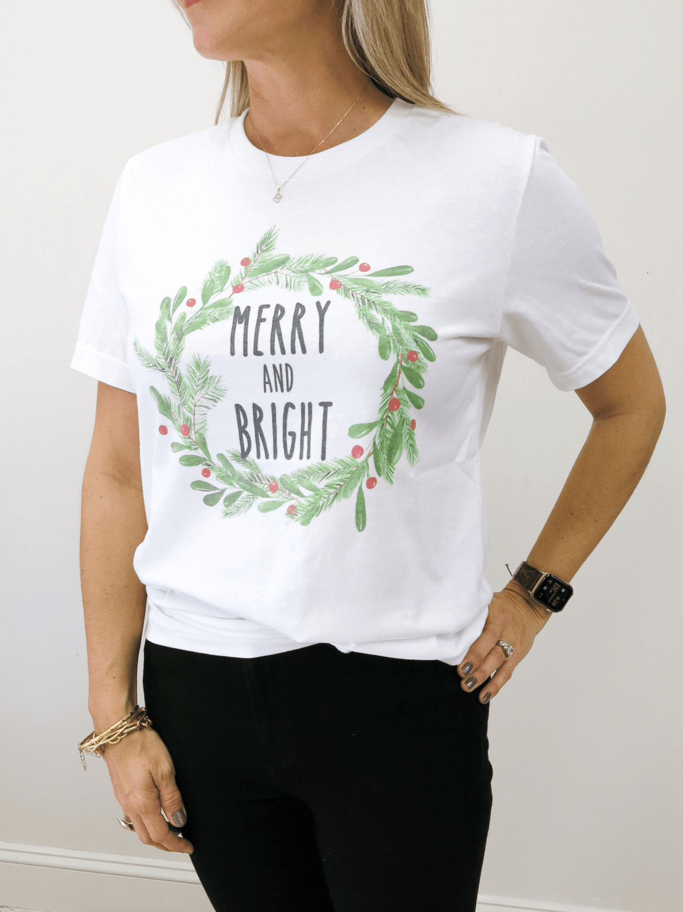 Merry and Bright tee with holly.