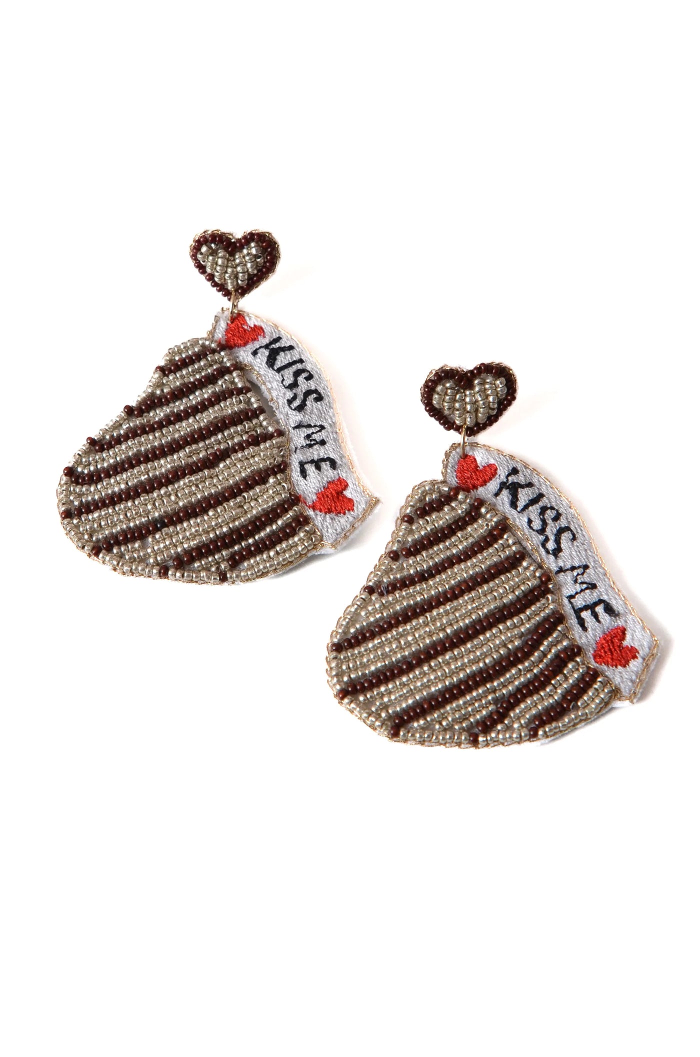 Kiss me chocolate earrings with brown and silver stripes front view.