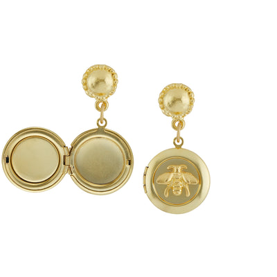 Gold textured stud with locket drop pendant and bee detailing with one locket open