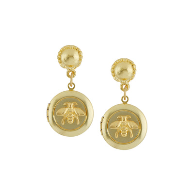 Gold textured stud with locket drop pendant and bee detailing