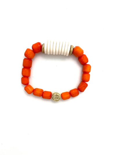 full view coral short tube, flat gold, and flat round bone white bead stretch bracelet