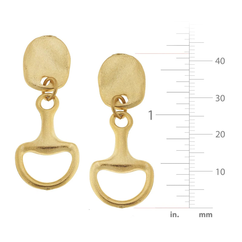 Measurements view of gold horse bit dangle earrings
