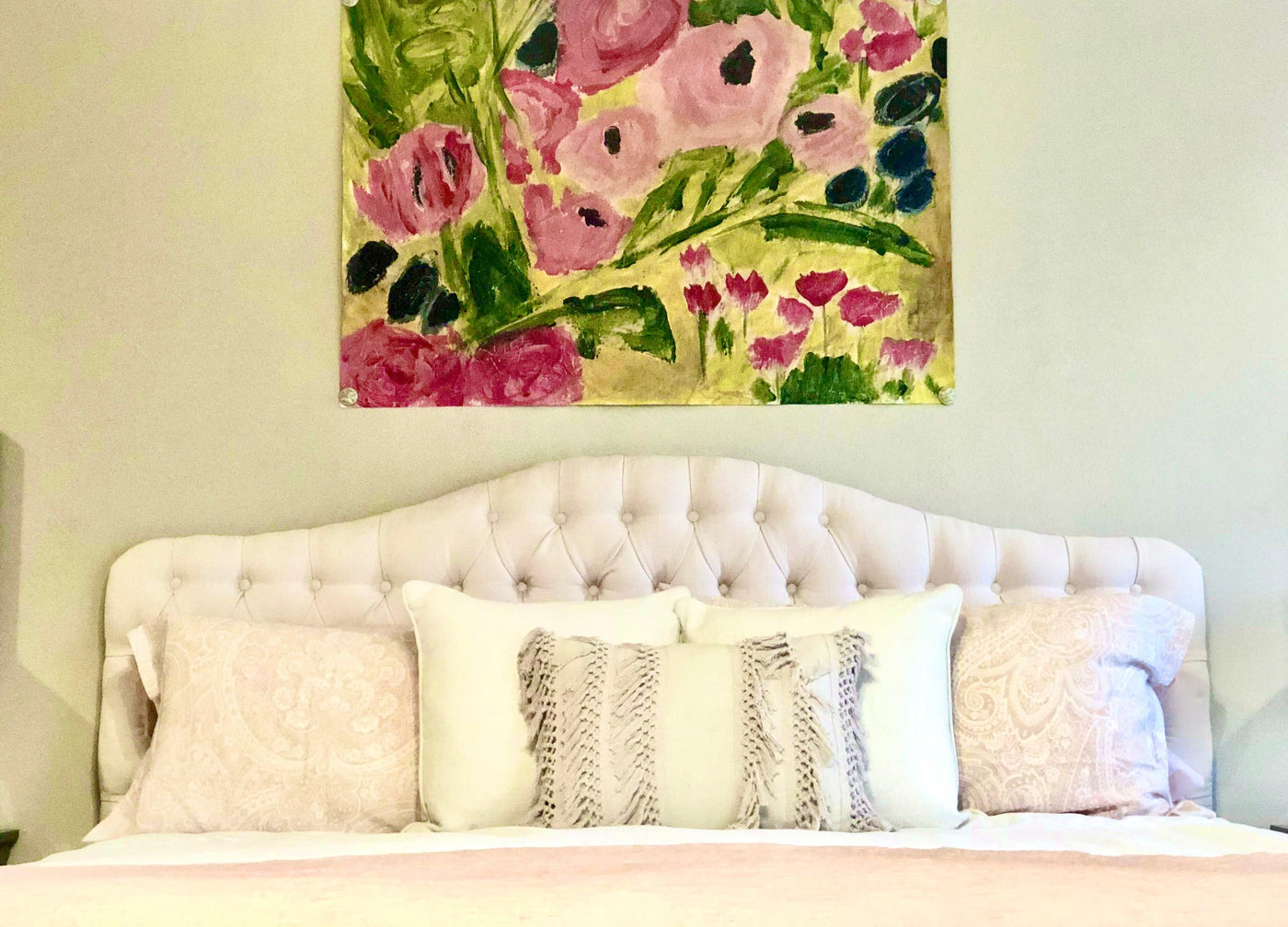  Large pink, blue, green and chartreuse floral painted tapestry