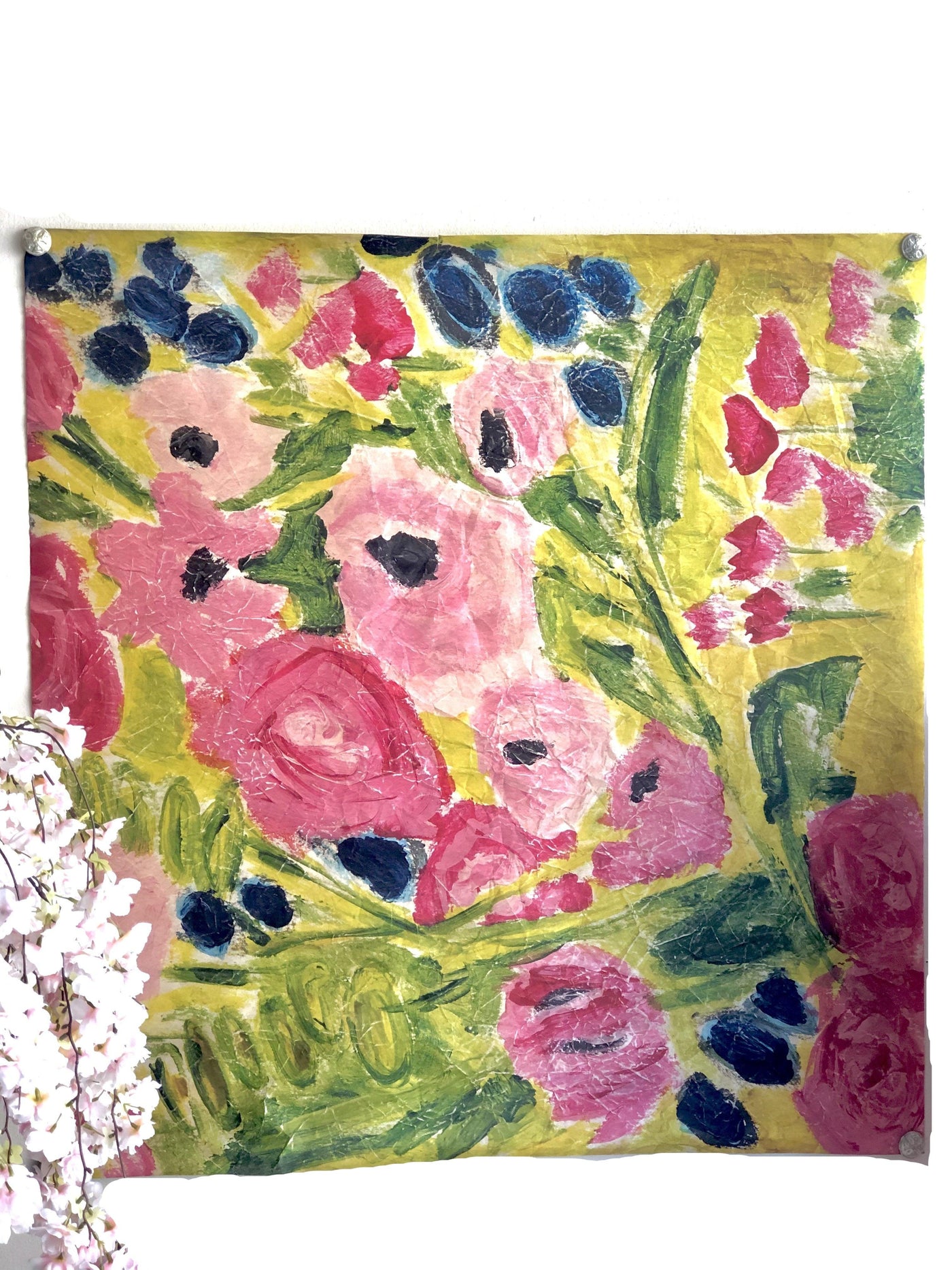 Large pink, blue, green and chartreuse floral painted tapestry 