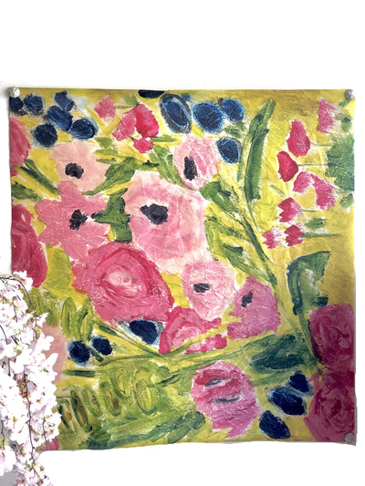 Large pink, blue, green and chartreuse floral painted tapestry 