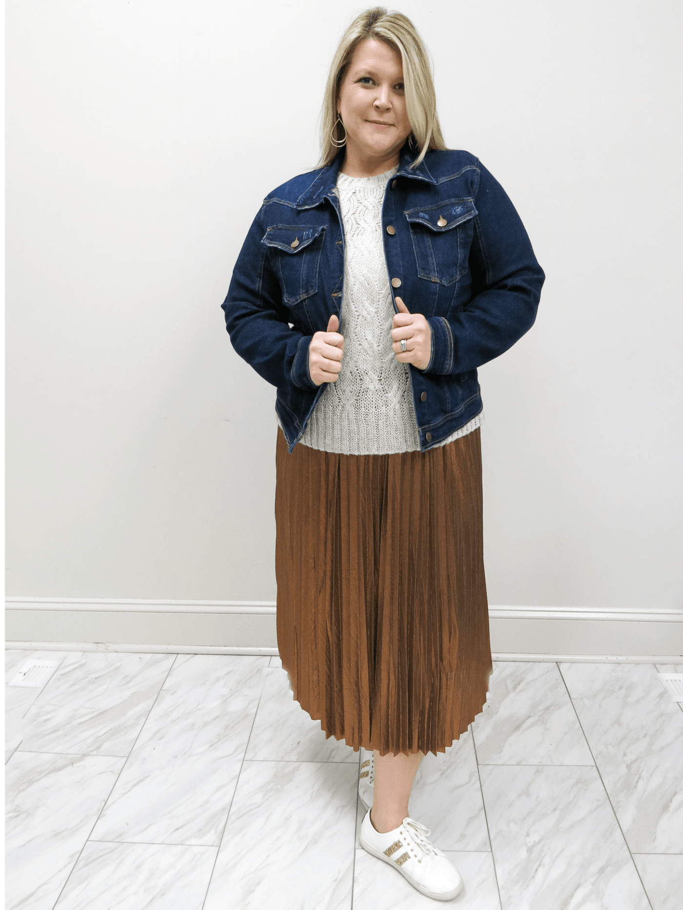 Molly Bracken Metallic pleated skirt with Molly Bracken Metallic Sweater and Risen jean jacket full front view, xl model.