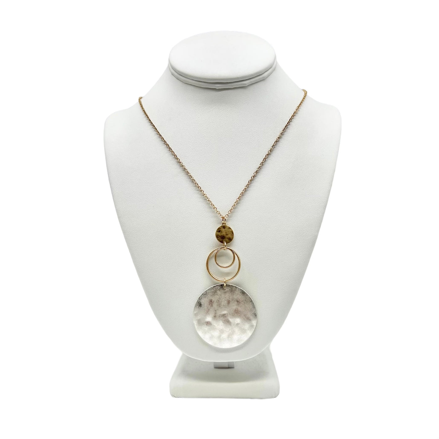 Gold and Silver Hammered Disk Pendant 32" Necklace