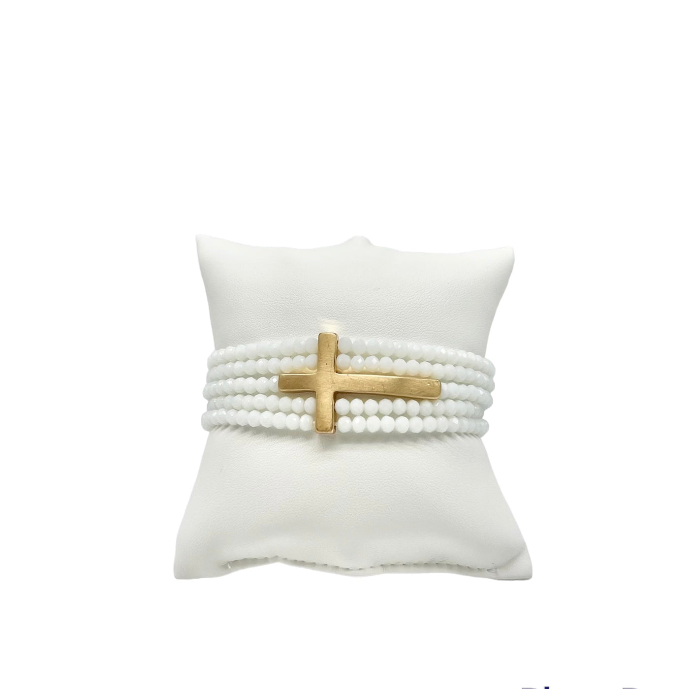 White Crystal with Gold Cross 5 Layer Stretch Bracelet