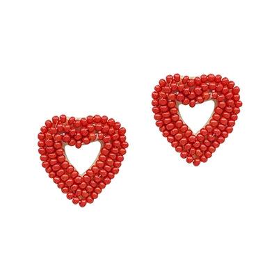 Red seed bead heart stud earrings, front view.