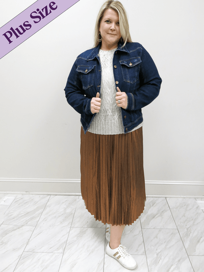 Risen plus size classic jean jacket with copper buttons with a Molly Bracken metallic skirt.