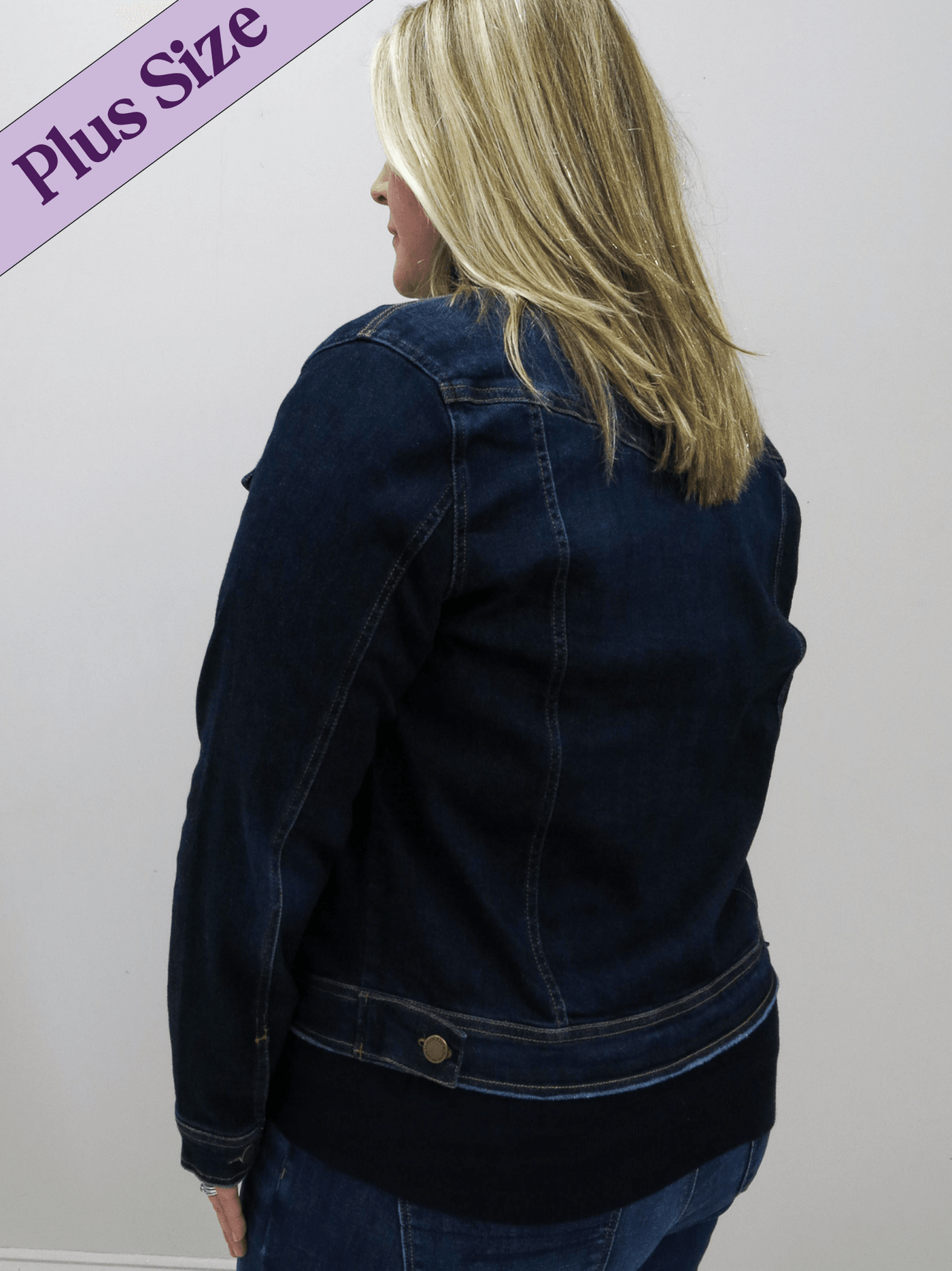 Risen plus size classic jean jacket with copper buttons back view.