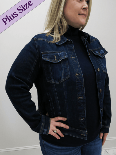 Risen plus size classic jean jacket with copper buttons front view.