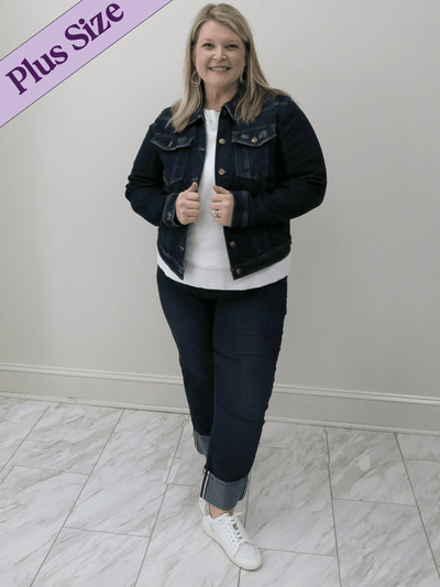Risen plus size classic jean jacket with copper buttons with a white Charlie Paige sweater and Charlie B jeans.