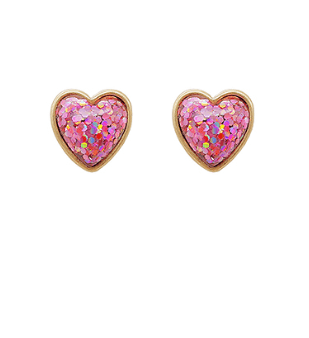 Glitter heart earrings in pink front view.