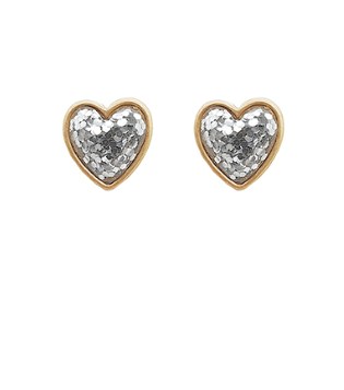 Glitter heart earrings in silver front view.
