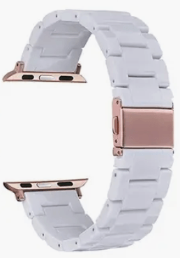 White Resin watch band with rose gold hardware.