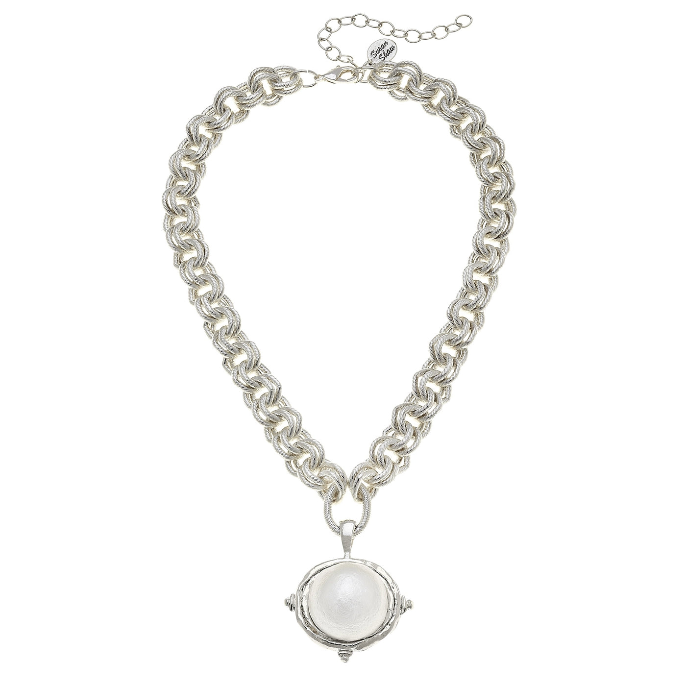 Double chainlink necklace with three studded silver drop pendant and accent pearl