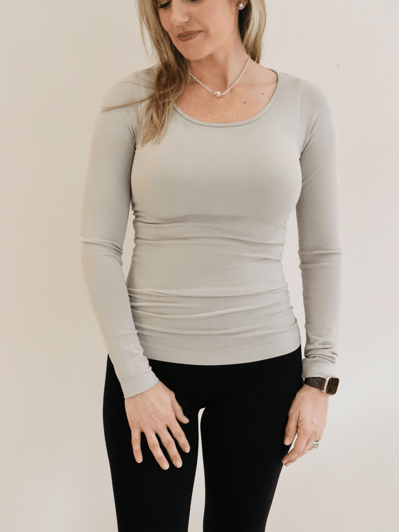 Solid Long Sleeve Round Collar Top tan front view.