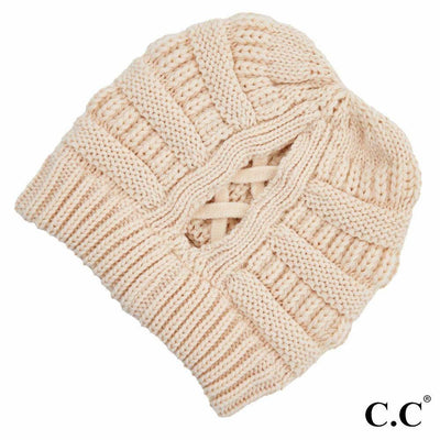 C.C. Ribbed Knit Beanie Featuring Criss-Cross Ponytail Detail | Fruit of the Vine Boutique 