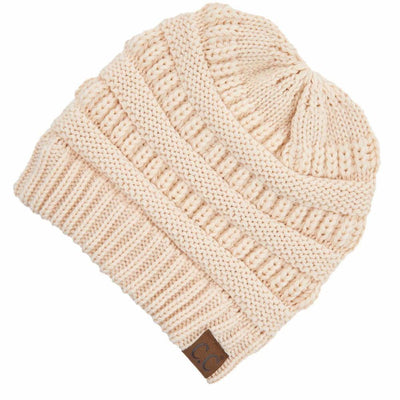 C.C. knit ribbed criss-cross ponytail beanie in almond front view