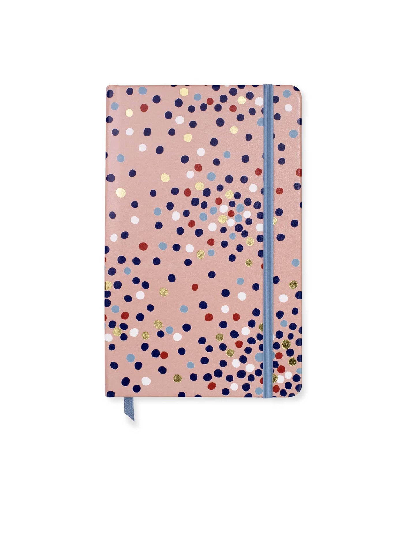 Notebook with a pink background and multicolored polka dots and elastic closure