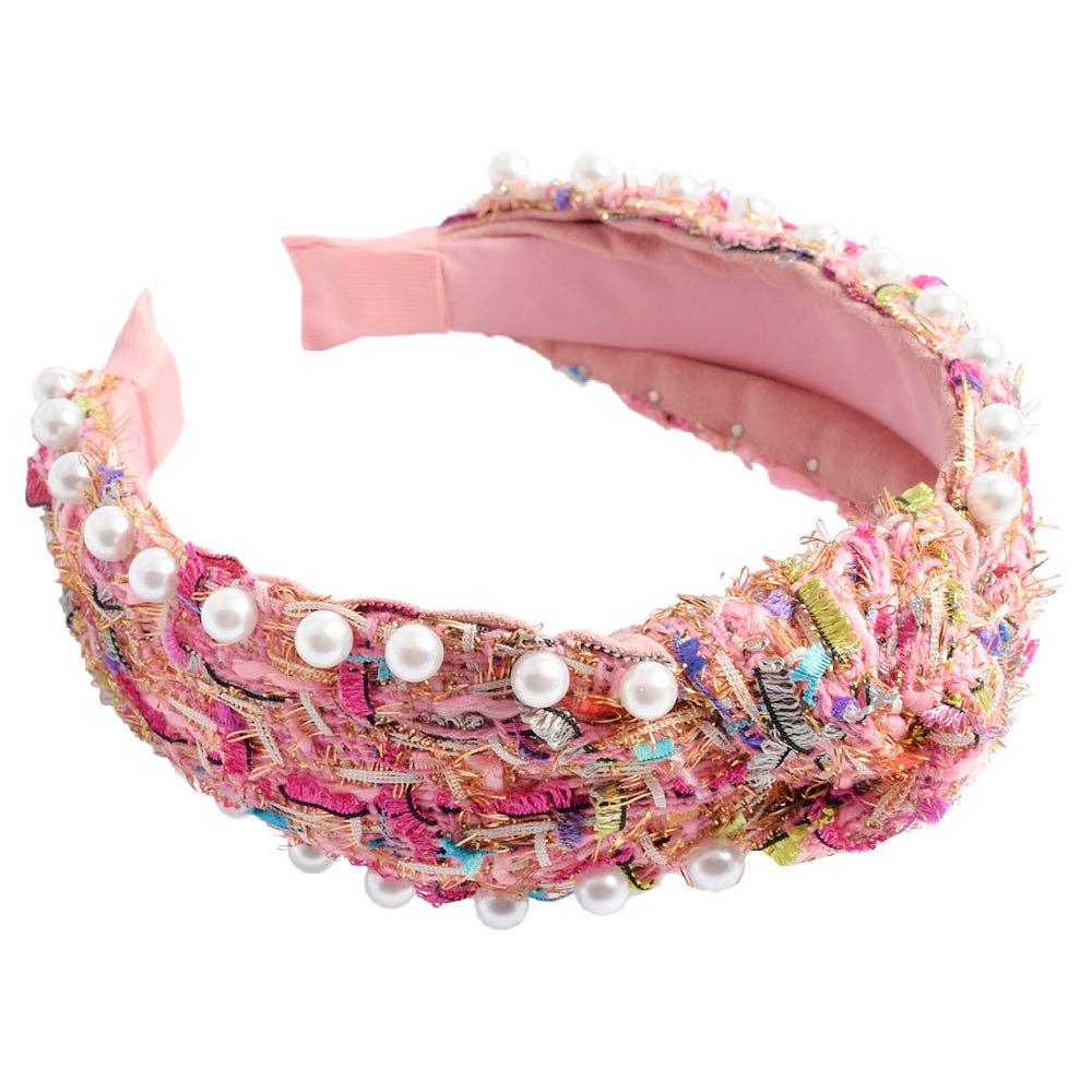 Pink multicolored fabric with pearl embellishment headband