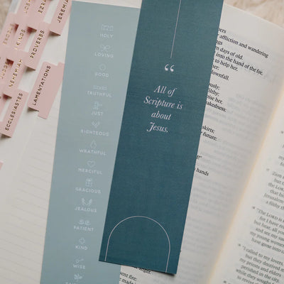 "All of Scripture is about Jesus" quote on the back of a bookmark