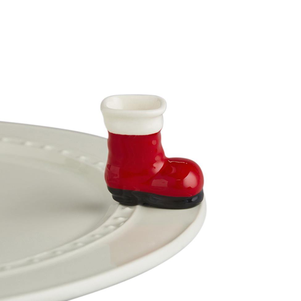 White, red and black boot for a Nora Fleming dish