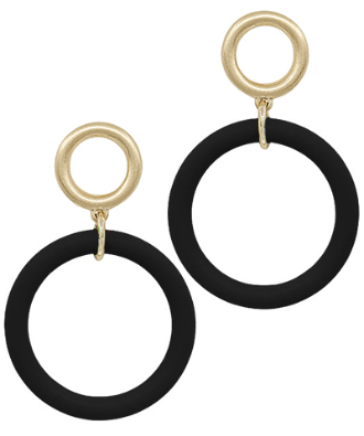 Gold ring and black wood hoop earrings