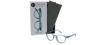 Blue frame glasses with case