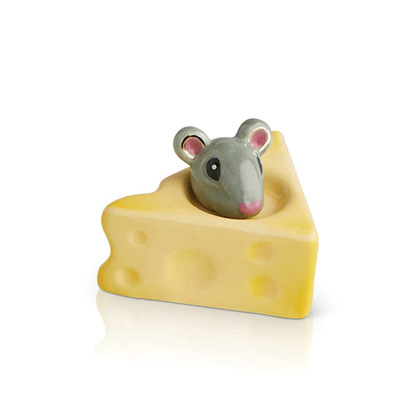 Triangle cheese with a little gray mouse peeking out