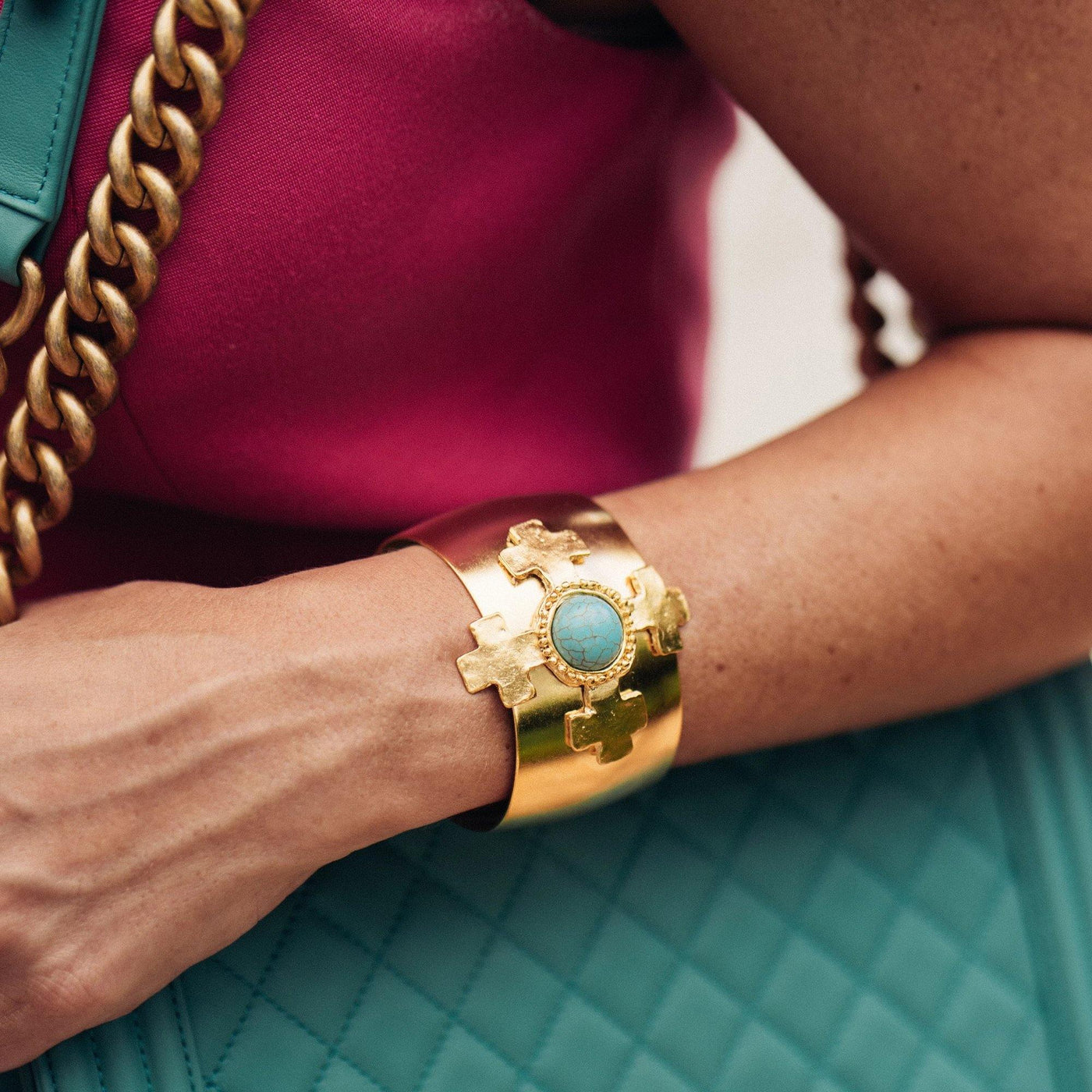 Gold Cross and Turquoise Cuff Bracelet | Susan Shaw | Fruit of the Vine Boutique 